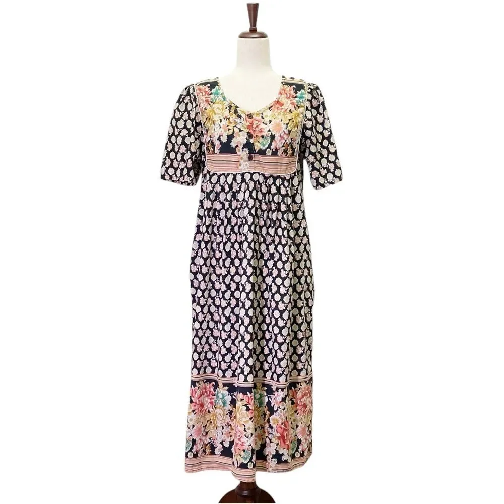Vintage Vermont Country Store Maxi Dress Patchwork Floral Black Pink Size Small